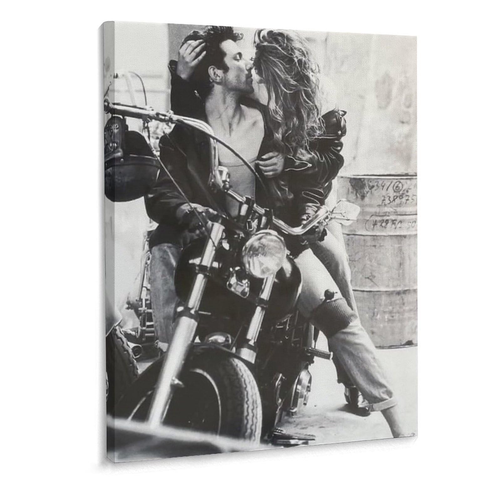 ★キズ物★H-D Motorcycle Girl縦80，横60キャンパス地 Kissing Couple Motorcycle Love Kiss Vintage Black And White Art